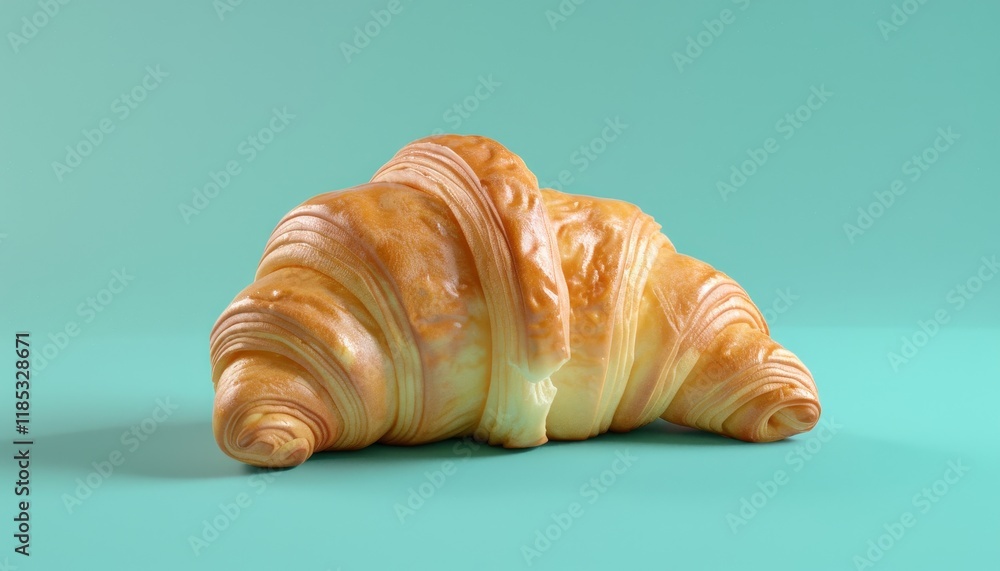 A golden brown croissant isolated on a light blue background. A golden brown croissant isolated on a light blue background.