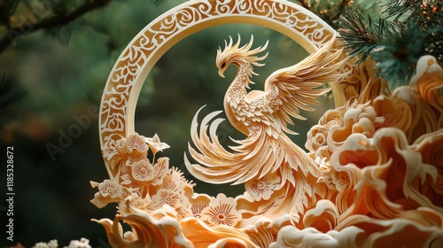 Wallpaper Mural Phoenix rising above flames intricate papercut art display in a serene studio environment Torontodigital.ca