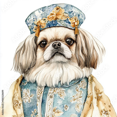 A Pekingese wearing a regal Asian-inspired outfit, watercolor hand draw illustration on white background.