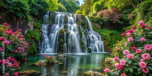 Beautiful waterfall in lush forest surrounded by blooming roses, waterfall, cascading, lush forest, blooming roses