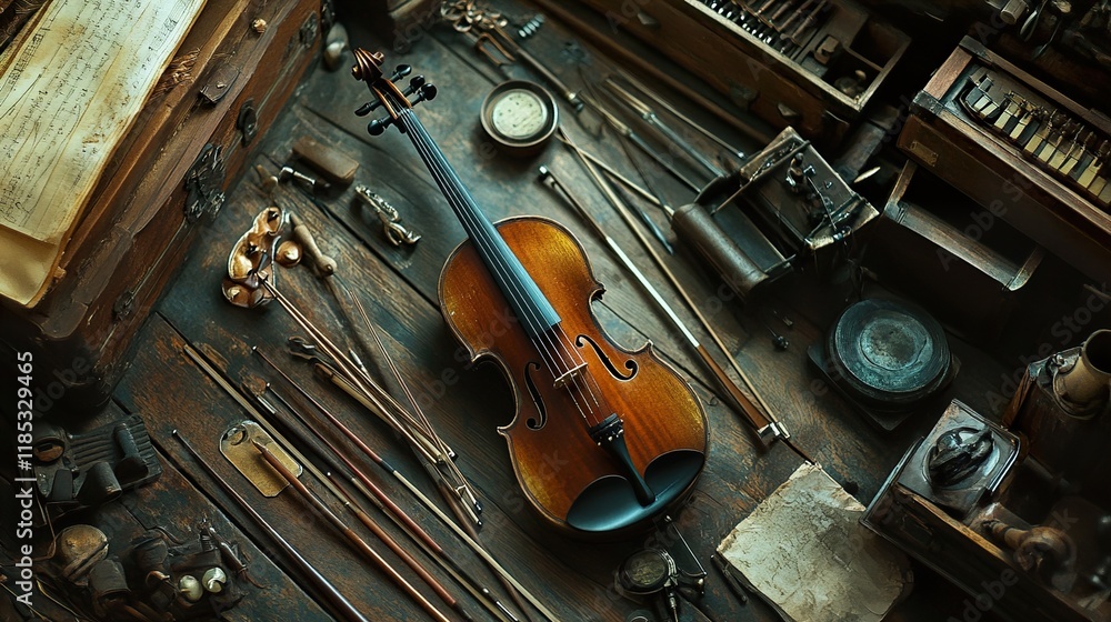 Naklejka premium Antique Violin and Musical Instruments Still Life