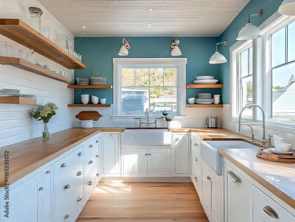 Fototapeta premium Bright White Kitchen With Teal Walls And Wood Accents