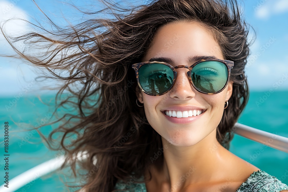 Candid photography smiling woman enjoying the ocean breeze on a tropical boat Candid photography smiling woman enjoying the ocean breeze on a tropical boat