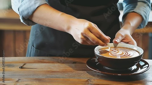 A woman's hands work in the kitchen, preparing coffee at home photo