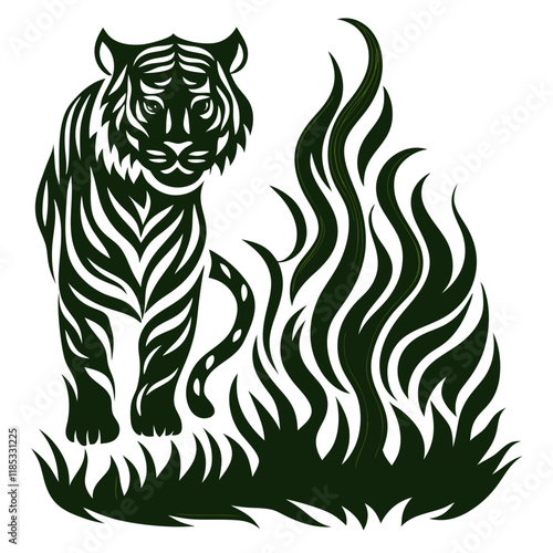 Black and White Vector Tiger Illustration Featuring Bold Linework, Intricate Stripes, and Fierce Expression, Perfect for Wildlife Art, Animal Illustrations, and Graphic Design Projects photo