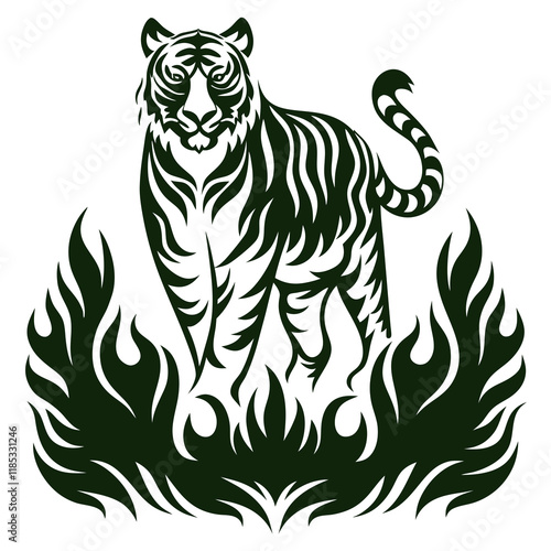 Black and White Vector Tiger Illustration Featuring Bold Linework, Intricate Stripes, and Fierce Expression, Perfect for Wildlife Art, Animal Illustrations, and Graphic Design Projects photo