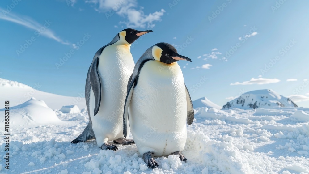 Fototapeta premium Two majestic Emperor Penguins stand together on pristine white snow, one with sleek black head and vibrant yellow beak, the other with silvery gray coat, their rugged beauty against Antarctic backdrop