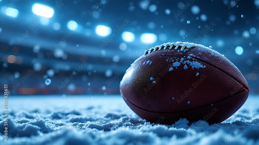 American football resting on snowy ground with blurred bokeh lights in the background, creating a winter sports atmosphere. American football resting on snowy ground with blurred bokeh lights in the background, creating a winter sports atmosphere.