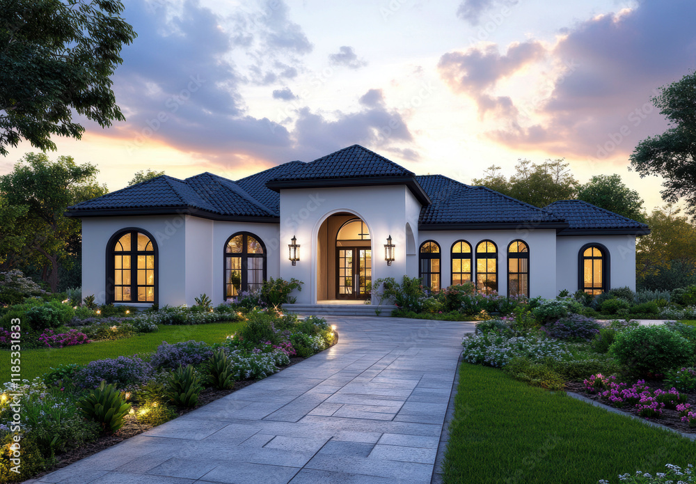 Fototapeta premium Discover the beauty of this stunning modern home, surrounded by lush gardens and soft lighting, creating a tranquil and inviting atmosphere for any homeowner.