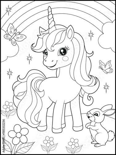 Magical Unicorn Coloring Page for Kids.  Fun and Printable Activity Sheet for Kids