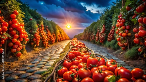 Night Photography: Juicy San Marzano Tomatoes on Rustic Path photo