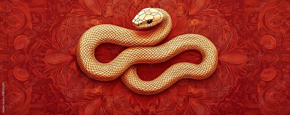 Fototapeta premium Chinese New Year. 2025 year of the Snake. Lunar new year concept. A gold snake through intricate mandala designs, its body seamlessly integrated into the radial patterns, on a rich red backdrop.