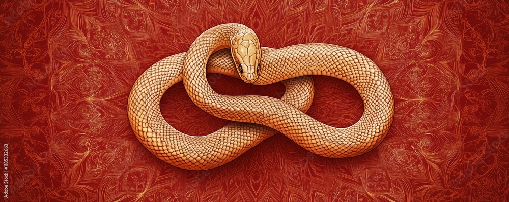 Fototapeta premium Chinese New Year. 2025 year of the Snake. Lunar new year concept. A gold snake through intricate mandala designs, its body seamlessly integrated into the radial patterns, on a rich red backdrop.
