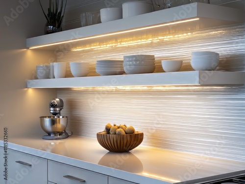 Modern Kitchen Shelves With Dishes And Appliances photo