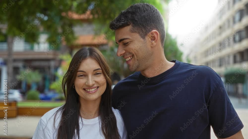 Happy couple enjoying time together outdoors in a city park setting, sharing smiles and affection, with lush greenery and urban background Happy couple enjoying time together outdoors in a city park setting, sharing smiles and affection, with lush greenery and urban background