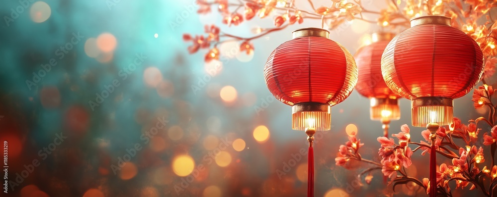 Chinese New Year background featuring red lanterns, glowing warmly against a backdrop of golden fireworks and intricate floral patterns. Chinese New Year background featuring red lanterns, glowing warmly against a backdrop of golden fireworks and intricate floral patterns.