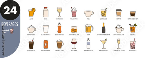 Colorful beverages, drinks thin line icons set. Juice, coffee, cappuccino, espresso, milk, hot chocolate, bubble tea, soda, water, champagne, wine, milkshake, whiskey, martini, vector illustration
