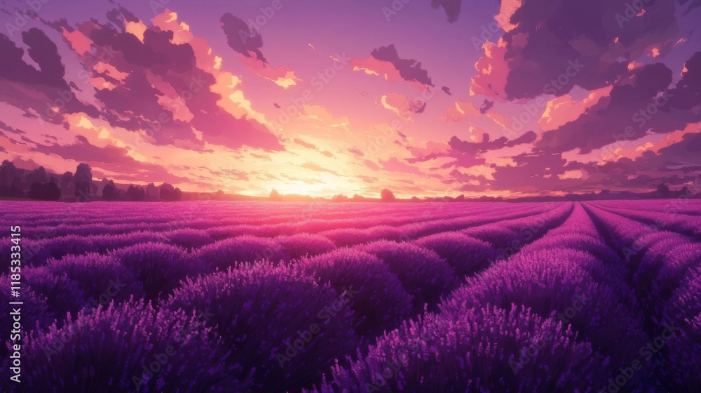 Vibrant Lavender Field at Sunset, Peaceful Summer Landscape Vibrant Lavender Field at Sunset, Peaceful Summer Landscape