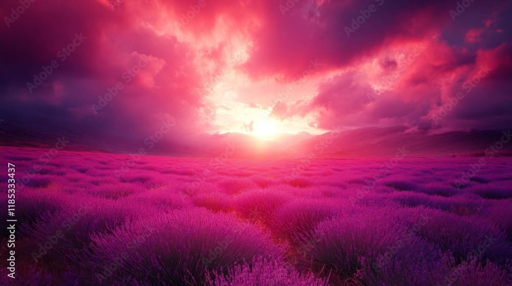 Vibrant Lavender Field at Sunset with Dramatic Pink Sky Vibrant Lavender Field at Sunset with Dramatic Pink Sky