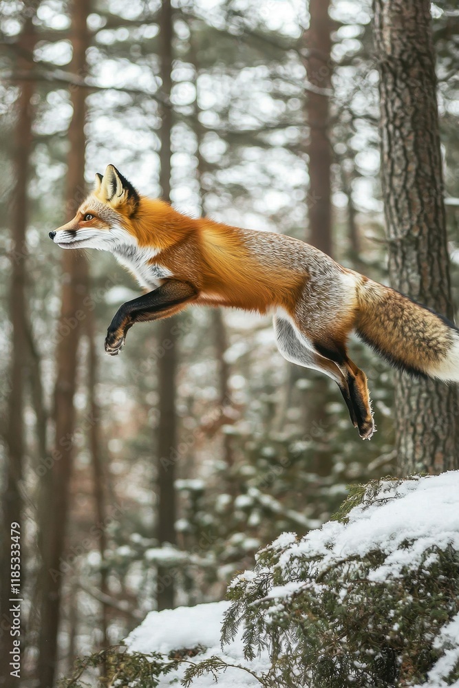 Fototapeta premium Red Fox Leaping Gracefully Through a Snowy Forest Landscape