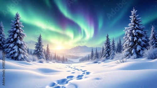 Wallpaper Mural Northern lights illuminating a snowy forest scene with tall pine trees under a vibrant night sky. Torontodigital.ca