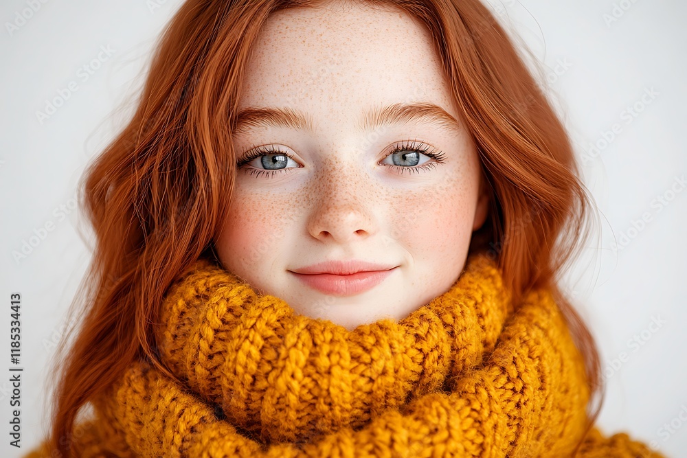 A cheerful young girl in a cozy yellow scarf indoor portrait bright and warm atmosphere A cheerful young girl in a cozy yellow scarf indoor portrait bright and warm atmosphere
