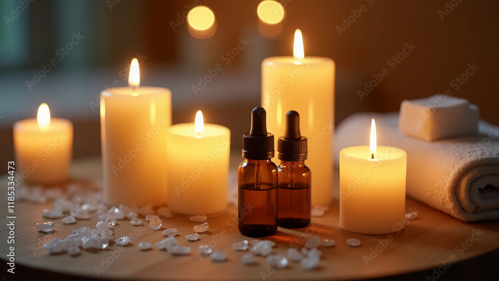 Relaxing Spa Day with Candles and Essential Oils, 