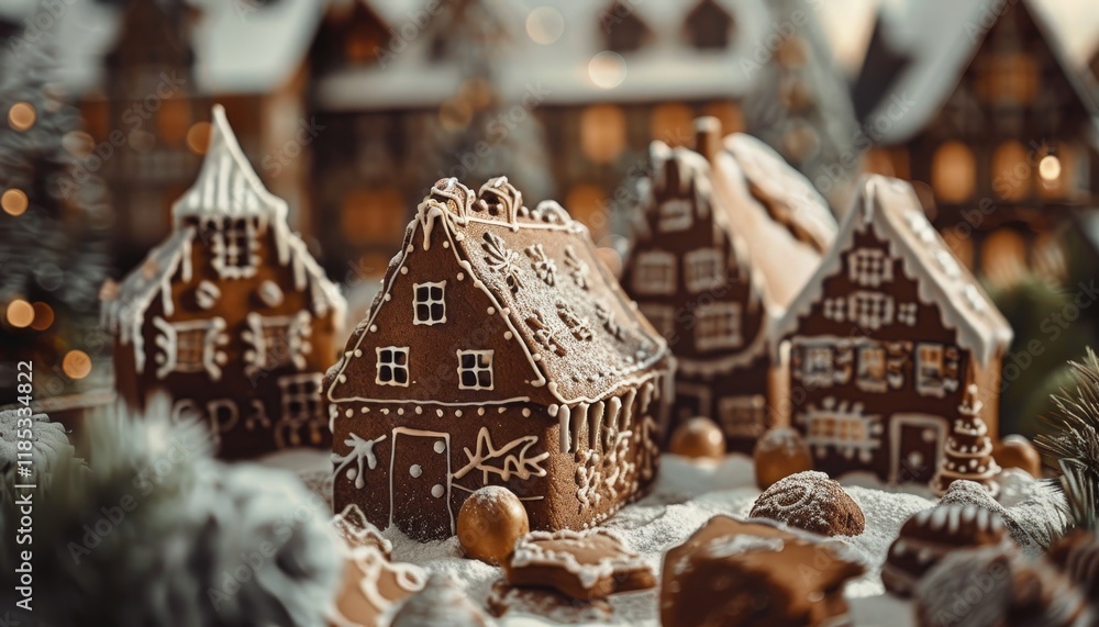 Close-up of gingerbread houses decorated with icing and candy, surrounded by powdered sugar. Close-up of gingerbread houses decorated with icing and candy, surrounded by powdered sugar.