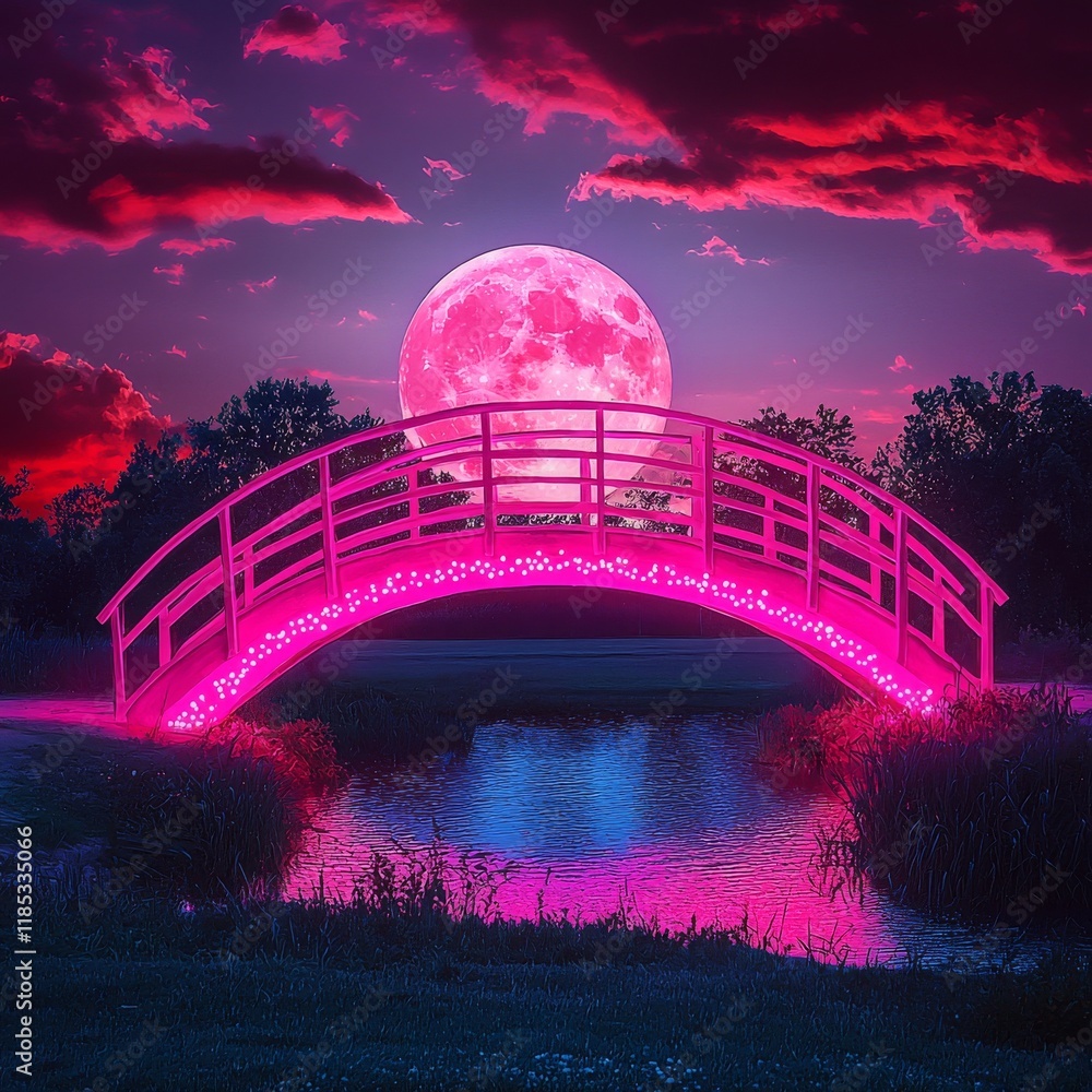 Obraz premium Glowing Pink Bridge Under Magical Moonlight