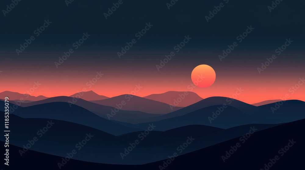 Fototapeta premium Sunset over Mountains: A breathtaking panorama of rolling mountains bathed in the warm glow of a setting sun. The fiery orb casts long shadows.