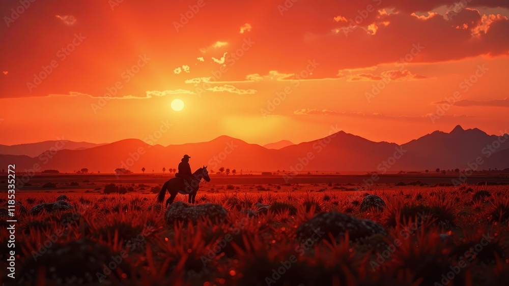 Fototapeta premium A lone figure on horseback rides into the vast expanse of a desert, their silhouette set against a breathtaking backdrop of endless dunes and clear blue sky