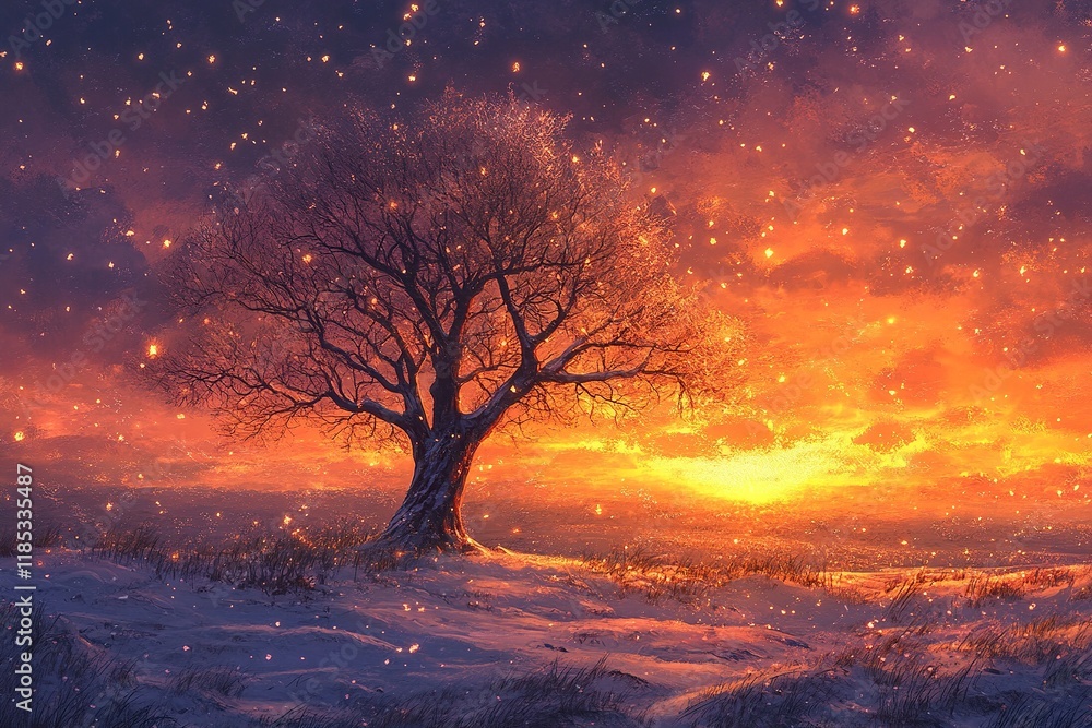 Memorable tree in dramatic sunrise on winter field with generative ai Memorable tree in dramatic sunrise on winter field with generative ai