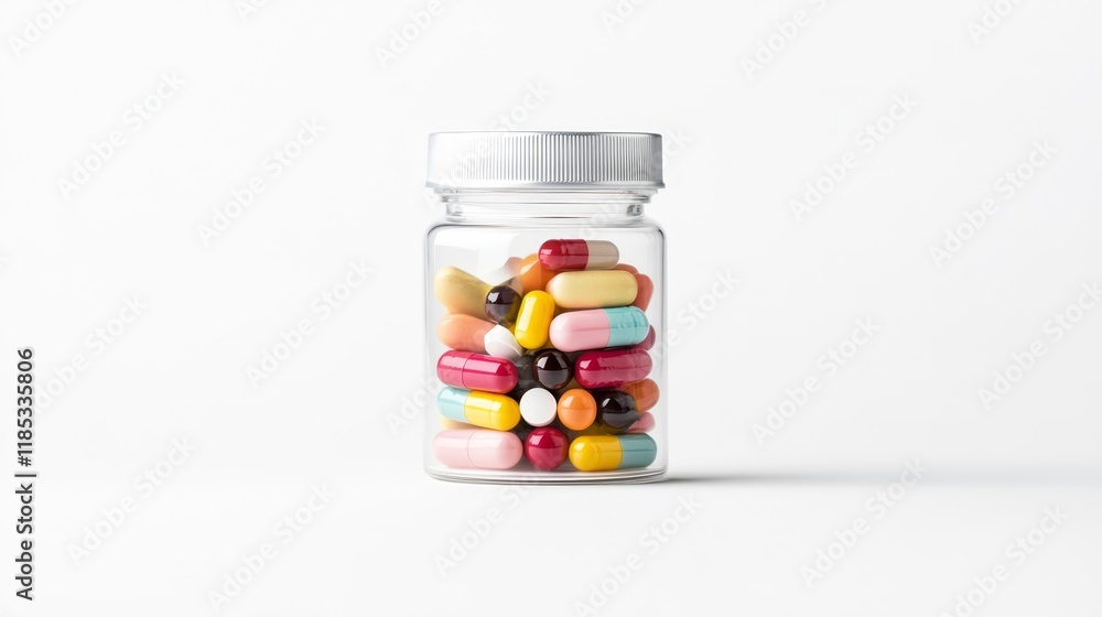 Colorful Capsules in Clear Glass Jar on White Background, Showcasing Variety of Shapes and Colors for Medical and Health Concepts, Pharmacy, and Wellness Themes Colorful Capsules in Clear Glass Jar on White Background, Showcasing Variety of Shapes and Colors for Medical and Health Concepts, Pharmacy, and Wellness Themes