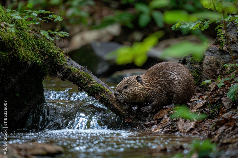 Close-Up of Beaver Gnawing on Tree Branch by Stream in Nature Close-Up of Beaver Gnawing on Tree Branch by Stream in Nature