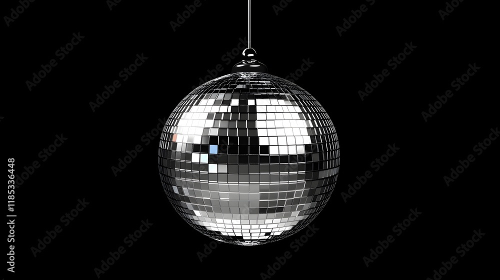Fototapeta premium Silver Disco Ball Hanging Against Black Background
