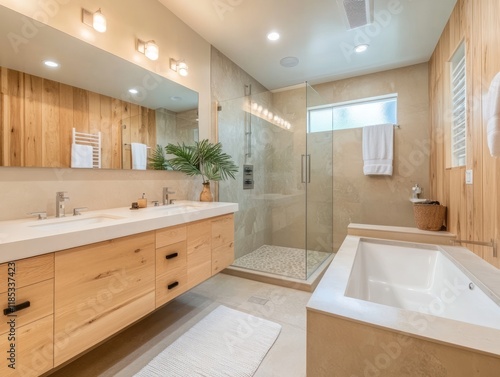 Modern minimalist bathroom design with wood and stone features