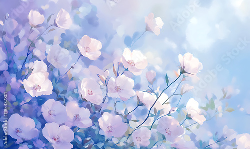 Delicate pastel pink and lavender flowers blooming softly in dreamy spring garden under gentle sunlight. generative ai