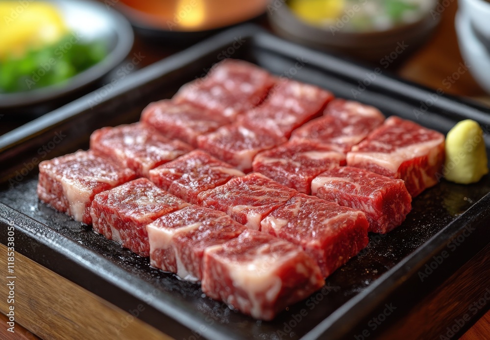 Fresh Premium Cuts of Marbled Beef on Black Grill Platter Ready for Cooking, Surrounded by Traditional Ingredients and Sides in Japanese Cuisine Setting Fresh Premium Cuts of Marbled Beef on Black Grill Platter Ready for Cooking, Surrounded by Traditional Ingredients and Sides in Japanese Cuisine Setting