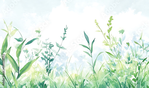 Gentle green watercolor plants and leaves in fresh natural environment with soft light and calm atmosphere. generative ai