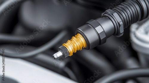 Close-Up of Fuel Injector with Metallic Finish in Engine Bay, Highlighting Precision Engineering and Component Design for Automotive Enthusiasts and Industry Professionals photo