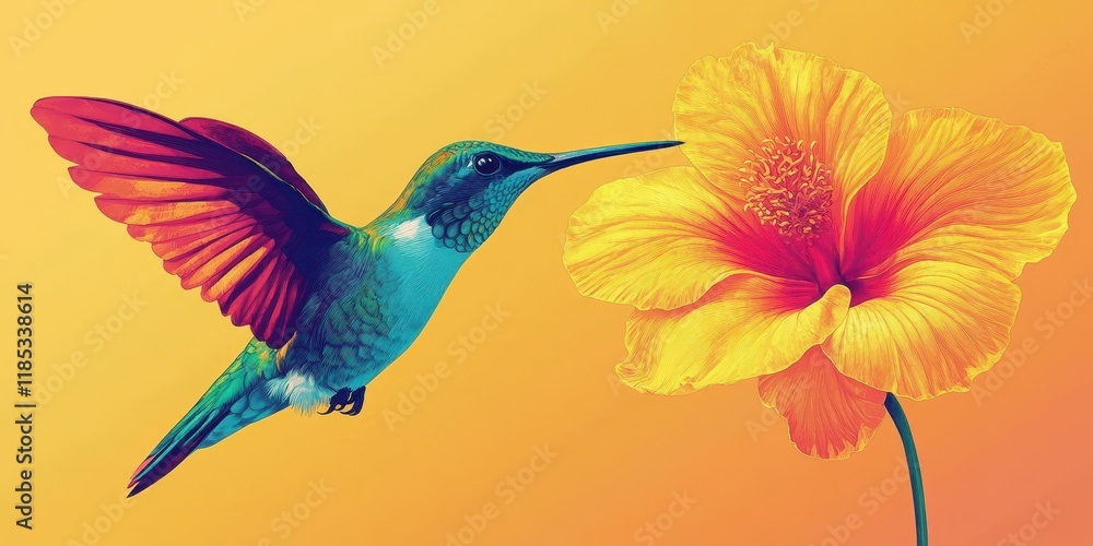 Naklejka premium Vibrant Hummingbird Hovering Near Yellow Flower