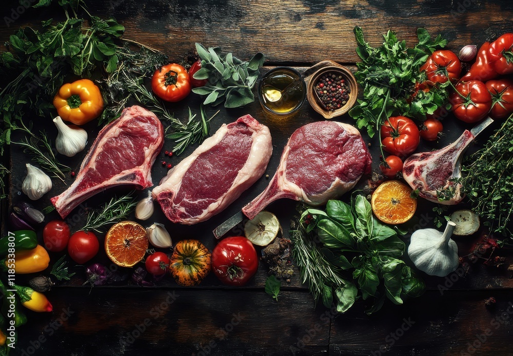 Fresh Raw Meat Cuts Surrounded by Colorful Vegetables and Herbs on a Rustic Wooden Table, Perfect for Food Photography and Culinary Projects Fresh Raw Meat Cuts Surrounded by Colorful Vegetables and Herbs on a Rustic Wooden Table, Perfect for Food Photography and Culinary Projects