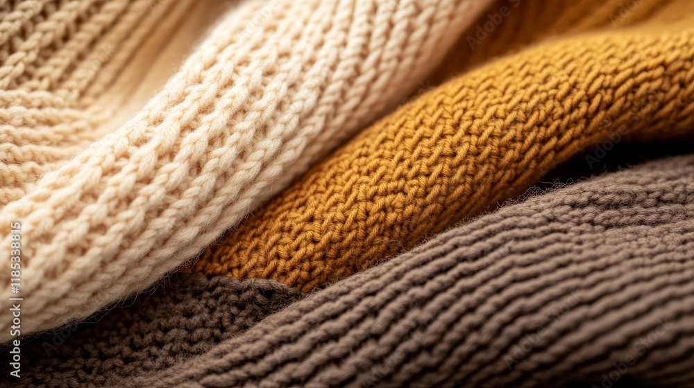Close-Up of Cozy Knit Fabrics Displaying Textured Patterns in Warm Tones of Cream, Golden Yellow, and Earthy Brown Perfect for Autumn and Winter Fashion Design Close-Up of Cozy Knit Fabrics Displaying Textured Patterns in Warm Tones of Cream, Golden Yellow, and Earthy Brown Perfect for Autumn and Winter Fashion Design