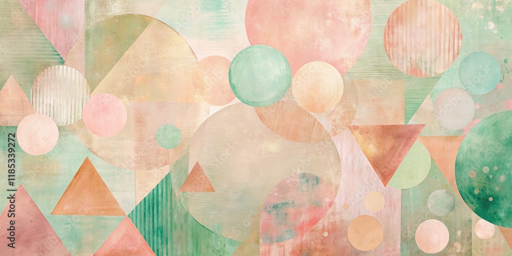 Abstract canvas print featuring soft pink, peach, and green geometric shapes—circles, triangles, and rectangles. Abstract canvas print featuring soft pink, peach, and green geometric shapes—circles, triangles, and rectangles.
