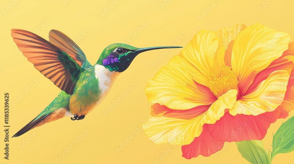 Fototapeta premium Hummingbird in Flight Near a Yellow Flower