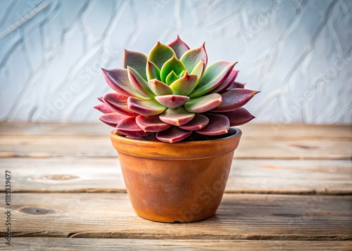 A close-up reveals an Echeveria Purpusorum succulent in a small brown pot, resting on a wooden surface against a white backdrop. photo