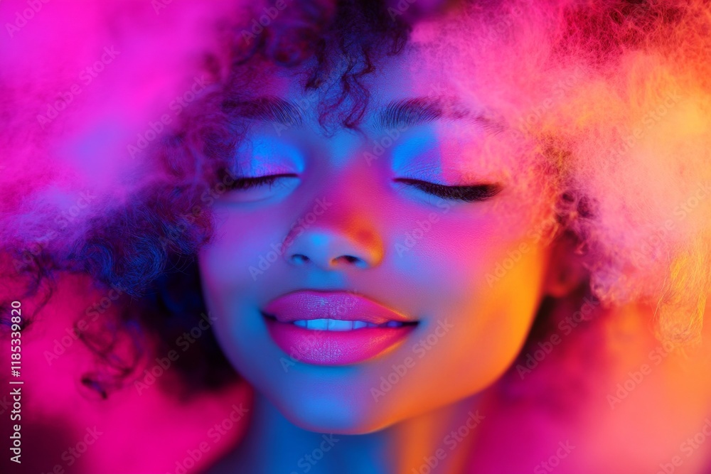 Fototapeta premium Pretty happy mixed-race girl - for ads, marketing material and social media use. Short hairdo - curly hair. Commercial ad campaign pattern. African american ad. Advertising african model.