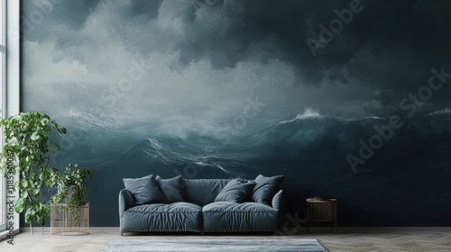 Stormy Seascape Wall Mural: A dramatic and captivating stormy seascape mural, featuring crashing waves and a dark sky, adds a touch of raw beauty and nature's power to any modern living space.  