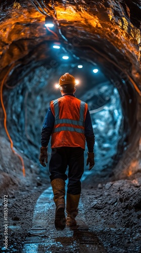 Engineer Walking in Tunnel Wearing Reflective Vest and Helmet photo