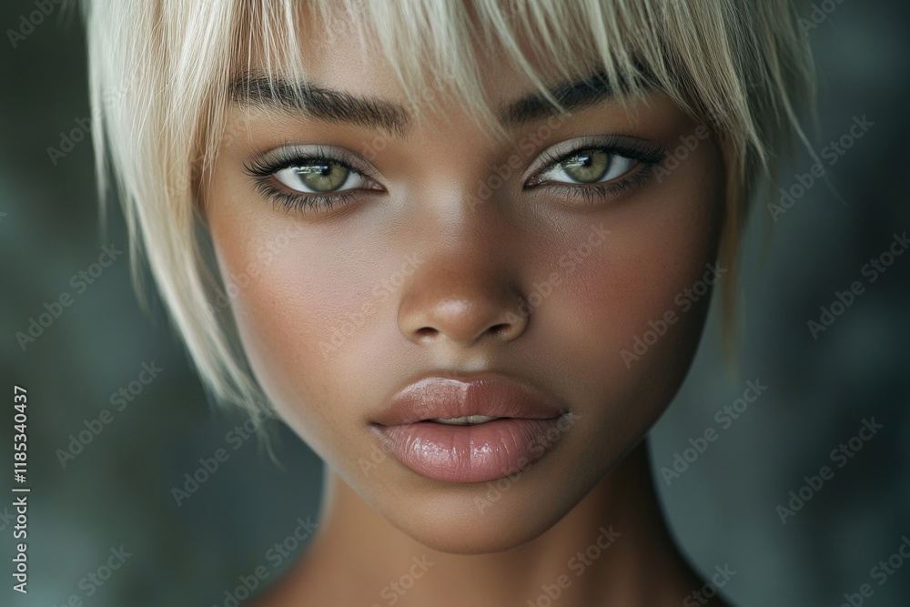 Fototapeta premium Gorgeous calm black girl - for ads, flyer and social platforms use. Commercial ad campaign visual idea visual pattern. Short haircut - blond hair. Short hair style. Black model style.